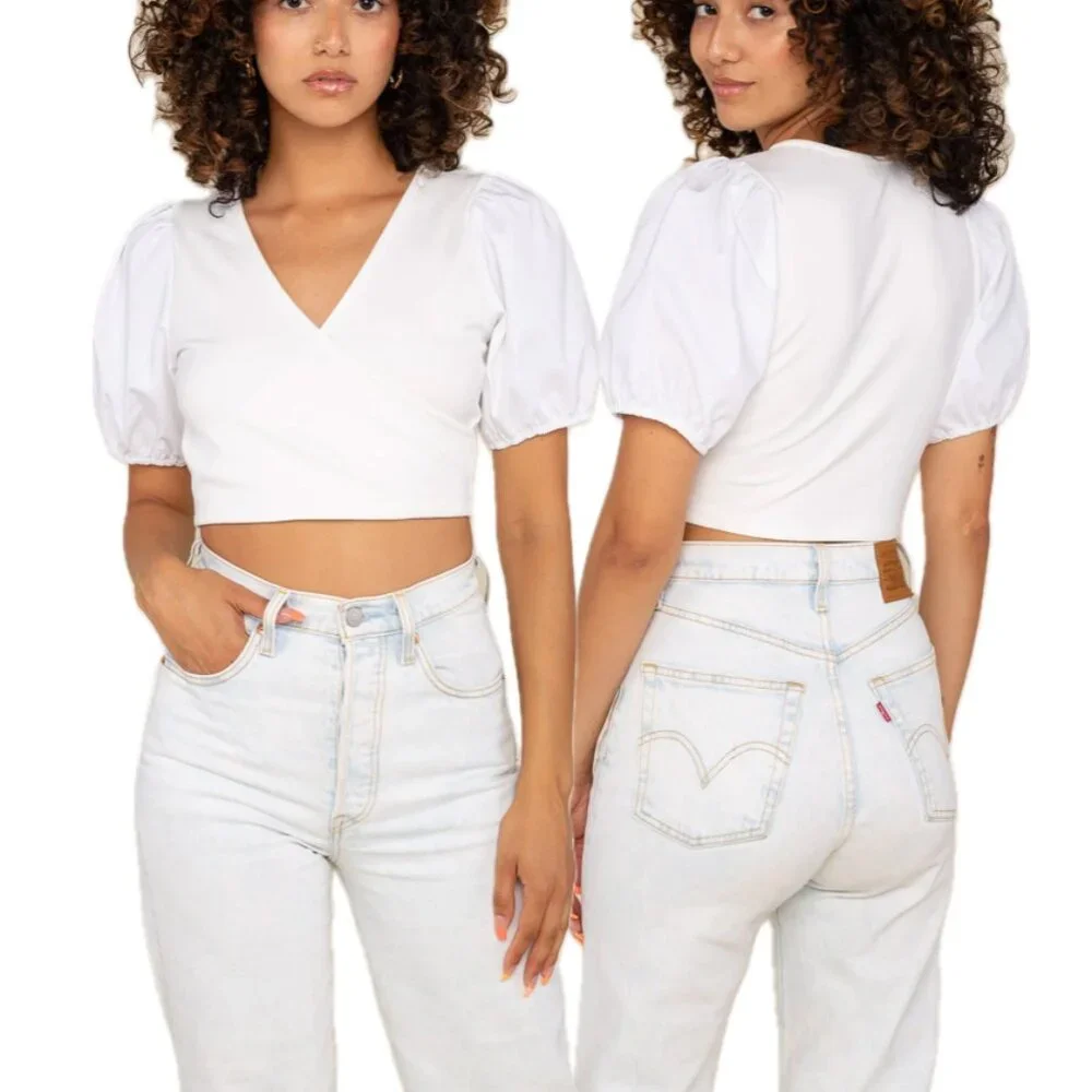 (NWOT) NLT Cotton-Poplin Puff Sleeve V-Neck Crossover Cropped Blouse (White) - Picture 2 of 14